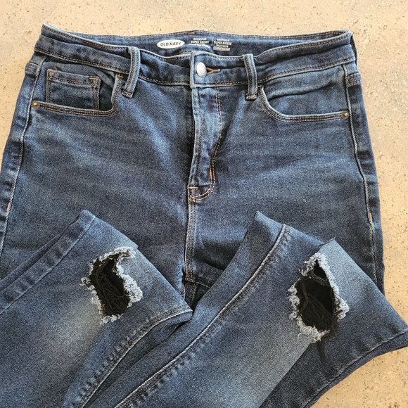 Womens Old Navy Dark Blue Denim Jeans Ripped Knees Size 8 Rockstar Skinny - Picture 1 of 4